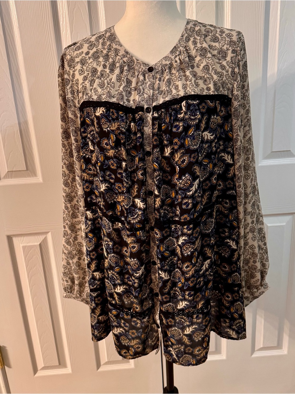 Woman Within Boho Mixed Paisley & Floral Button-Front Blouse
